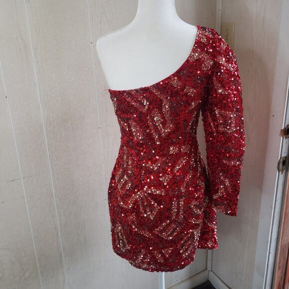Scala red gold sequined mini body con dress one shoulder cocktail formal size 8 - Picture 5 of 12